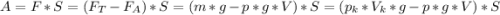 A=F*S=(F_T-F_A)*S=(m*g-p*g*V)*S=(p_k*V_k*g-p*g*V)*S