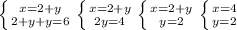 \left \{ {{x=2+y} \atop {2+y+y=6}} \right. \left \{ {{x=2+y} \atop {2y=4}} \right. \left \{ {{x=2+y} \atop {y=2}} \right. \left \{ {{x=4} \atop {y=2}} \right.