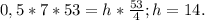 0,5*7*53=h*\frac{53}{4}; h=14.