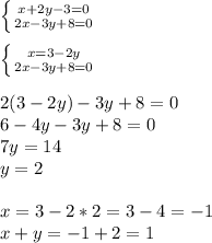 \left \{ {{x+2y-3=0} \atop {2x-3y+8=0}} \right.\\ \\ \left \{ {{x=3-2y} \atop {2x-3y+8=0}} \right.\\ \\ 2(3-2y)-3y+8=0\\ 6-4y-3y+8=0\\ 7y=14\\ y=2\\ \\ x=3-2*2=3-4=-1\\ x+y=-1+2=1