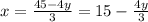 x = \frac{45 - 4y}{3}=15-\frac{4y}{3}