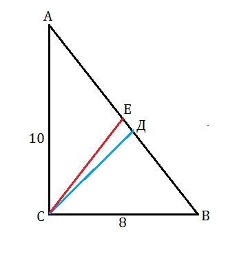 Катеты прямоугольного треугольника abc равны 8 и 10 см из вершины прямого угла c проведены медиана c