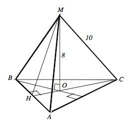 Дана правильная треугольная пирамида, высота = 8 см, боковое ребро = 10 см. найти боковую поверхност