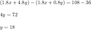 \displaystyle (1.8x+4.8y)-(1.8x+0.8y)=108-36\\\\4y=72\\\\y=18