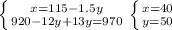 \right \left \{ {{x=115-1.5y} \atop {920-12y+13y=970}} \righ \right \left \{ {{x=40} \atop {y=50}} \righ