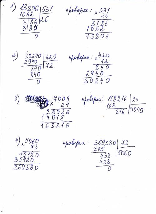 1) 13806: 531= 30240: 420= 7009*24= 5060*73= 1000-100: 5*(2+8)= 1000-(100: 5*2+8)= распишите в столб