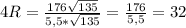 4R = \frac {176 \sqrt{135}} {5,5 * \sqrt{135}}= \frac {176} {5,5} = 32