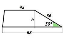 Найти площадь трапеции,основания которой равны 45см и 68 см,боковая сторона 36 см и угол при ней рав