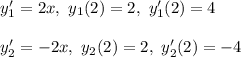 y_1' = 2x, \ y_1(2) = 2, \ y_1'(2) = 4\\\\ y_2' = -2x, \ y_2(2) = 2, \ y_2'(2) = -4