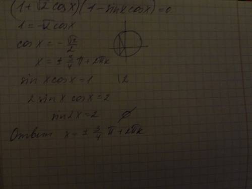 (1+корень из 2 cosx)(1-sinx*cosx)=0
