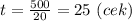 t=\frac{500}{20}=25 \ (cek)