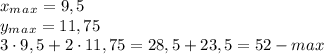 x_m_a_x=9,5\\y_m_a_x=11,75\\3\cdot9,5+2\cdot11,75=28,5+23,5=52 - max