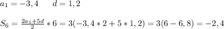 a_1=-3,4\ \ \ \ \ d=1,2 \\ \\ S_6=\frac{2a_1+5d}{2}*6=3(-3,4*2+5*1,2)=3(6-6,8)=-2,4