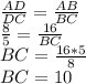 \frac{AD}{DC}=\frac{AB}{BC}\\ \frac{8}{5}=\frac{16}{BC}\\ BC = \frac{16*5}{8}\\ BC = 10\\