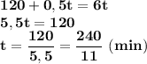 \bf 120+0,5t=6t\\ 5,5t=120\\ t=\dfrac{120}{5,5}=\dfrac{240}{11} \ (min)