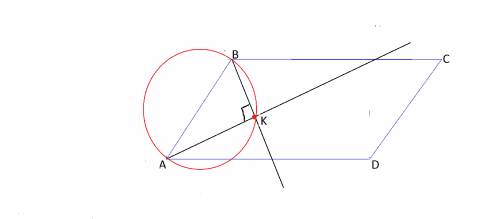 Биссектрисы углов а ив параллелограмма авсд пересекаются в точке к. докажите что окружность с диамет