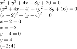 {x}^{2} + {y}^{2} + 4x - 8y + 20 = 0 \\ ({x}^{2} + 4x + 4) + ( {y}^{2} - 8y + 16) = 0 \\ {(x + 2)}^{2} + {(y - 4)}^{2} = 0 \\ x + 2 = 0 \\ x = - 2 \\ y - 4 = 0 \\ y = 4 \\ ( - 2;4)