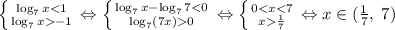 \left \{ {{\log_{7}x<1} \atop {\log_{7}x-1}} \right.\Leftrightarrow \left \{ {{\log_{7}x-\log_{7}7<0} \atop {\log_{7}(7x)0}} \right. \Leftrightarrow \left \{ {{0<x<7} \atop {x\frac{1}{7} }} \right.\Leftrightarrow x\in (\frac{1}{7},\; 7)