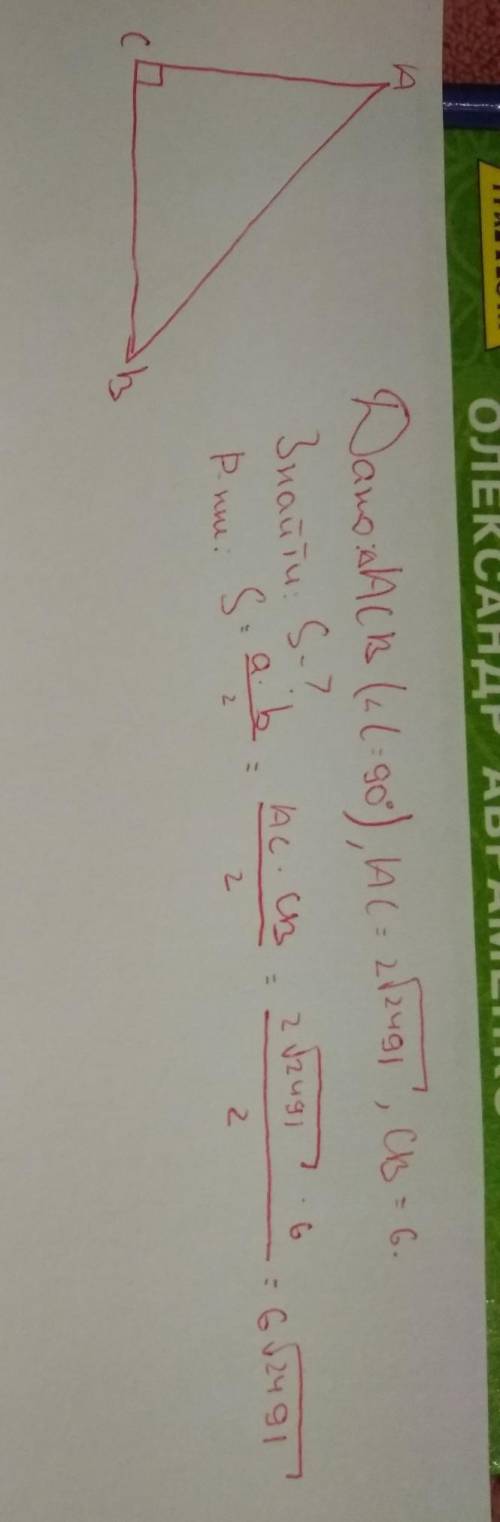 Найдите площадь прямоугольного треугольника ,если катет а=2√2491,катет b=6