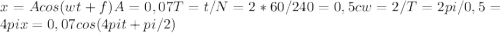 x=Acos(wt+ f) A=0,07 T=t/N=2*60/240=0,5 c w=2/T=2pi/0,5=4pi x=0,07cos(4pit+pi/2)