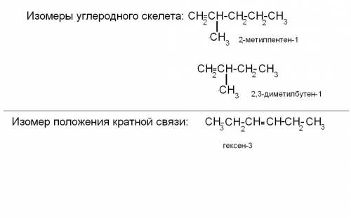 Составить 2 гомолога и три изомера для гексена(молекулярная формула)