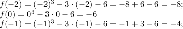 f(-2)=(-2)^{3}-3\cdot(-2)-6=-8+6-6=-8;\\f(0)=0^{3}-3\cdot0-6=-6\\f(-1)=(-1)^{3}-3\cdot(-1)-6=-1+3-6=-4;