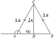 Втреугольнике abc ac=bc=26, ab=20. найдите тангенс внешнего угла при вершине а