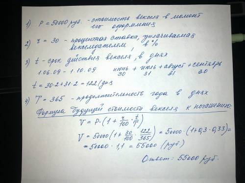 Вексель выписан 01.06.2009г. в счет долга в 50 тыс. руб. сроком до 01.10.2009г. с начислением 30% го