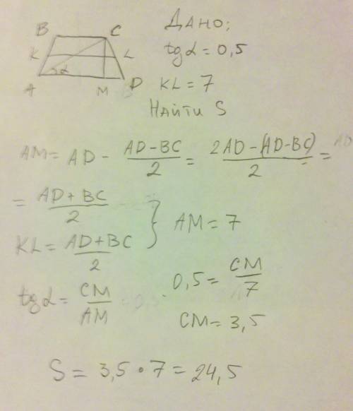 Вравнобедренной трапеции tg угла между диагональю и основанием равен 0,5. а длина средней линии равн