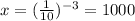 x=(\frac{1}{10})^{-3}=1000