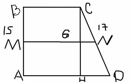 Впрямоугольной трапеции боковые стороны равны 15 см и 17 см,средняя линия равна 6 см.найти основания