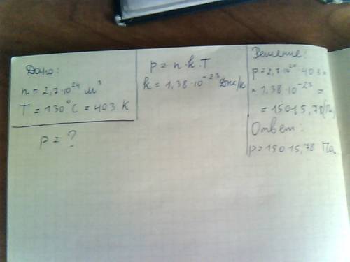 Если концентрация молекул идеального газа равна 2.7*10^24 1\м^3, а температура 130 с, то давление га