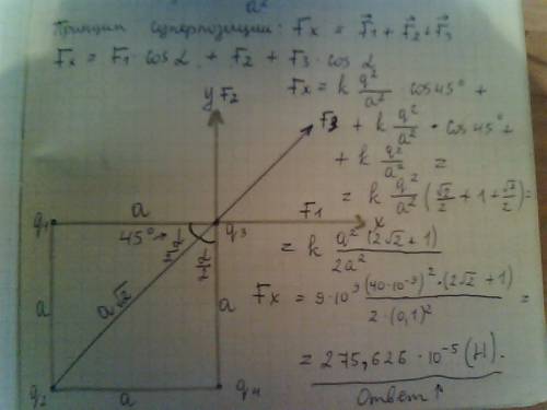 Четыре одинаковых заряда по 40 нкл расположены в вершинах квадрата со стороной 10 см. найти силу, де