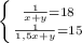 \left \{ {{\frac{1}{x+y}=18} \atop {\frac{1}{1,5x+y}=15}} \right.