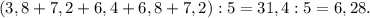 ( 3,8+7,2+6,4+6,8+7,2): 5=31,4:5= 6,28.