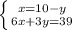 \left \{ {{x=10-y} \atop {6x+3y=39}} \right.