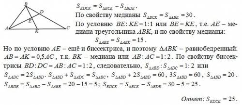 Площадь треугольника авс равна 60,биссектриса ад пересекает медиану вк в точке е ,при этом ве: ке=1: