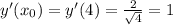 y'(x_0)=y'(4)=\frac{2}{\sqrt{4}}=1