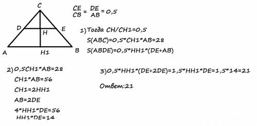 Площадь треугольника авс=28.de-средняя линия. найти площадь трапеции абде.