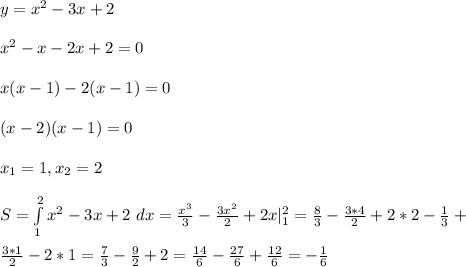 y = x^2 - 3x + 2\\\\ x^2 - x - 2x + 2 = 0\\\\ x(x - 1) - 2(x - 1) = 0\\\\ (x - 2)(x - 1) = 0\\\\ x_1 = 1, x_2 = 2\\\\S = \int\limits^{2}_{1}x^2 - 3x + 2 \ dx = \frac{x^3}{3}-\frac{3x^2}{2} + 2x |^{2}_{1} = \frac{8}{3}-\frac{3*4}{2} + 2*2 - \frac{1}{3}+\\\\\ \frac{3*1}{2} - 2*1 = \frac{7}{3} - \frac{9}{2} + 2 = \frac{14}{6} - \frac{27}{6} + \frac{12}{6} = -\frac{1}{6}