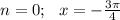 n=0;\,\,\,\, x=-\frac{3\pi}{4}