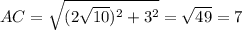 AC=\sqrt{(2\sqrt{10})^2 + 3^2 } = \sqrt{49} = 7