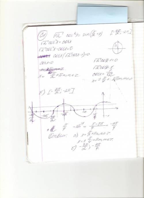 С1. найдите √2 cos^2x=sin(π/2+x) корни уравнения, на промежутке [-7π/2; -2π] полное решение, , )