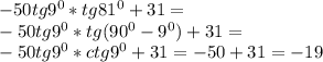 -50tg9^0* tg81^0+ 31=\\-50tg9^0*tg(90^0-9^0)+31=\\-50tg9^0*ctg9^0+31=-50+31=-19