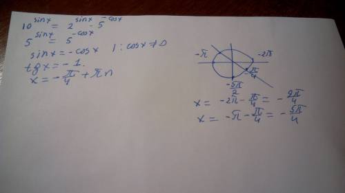 А) решите уравнение 10^sinx= 2^sinx · 5^-cosx б) найдите все корни этого уравнения, принадлежащие от