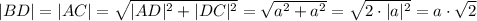 |BD|=|AC|=\sqrt{|AD|^{2}+|DC|^2}=\sqrt{a^{2}+a^2}=\sqrt{2\cdot|a|^{2}}=a\cdot\sqrt{2}