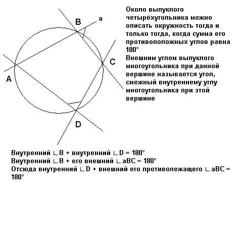 Докажите, что во вписанном в окружность четырехугольнике внешний угол равен противолежащему внутренн