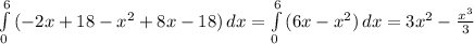 \int\limits^6_0 {(-2x + 18 - x^{2} + 8x - 18)} \, dx = \int\limits^6_0 {(6x - x^{2})}\, dx= 3x^{2} - \frac{x^{3}}{3}