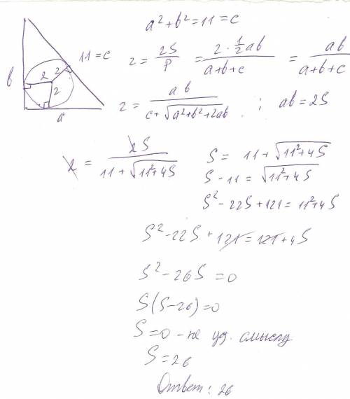 Если радиус окружности, вписанной в прямоугольный треугольник, равен 2, а гипотенуза равна 11, то пл