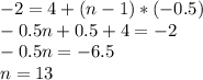 -2=4+(n-1)*(-0.5)\\-0.5n+0.5+4=-2\\-0.5n=-6.5\\n=13